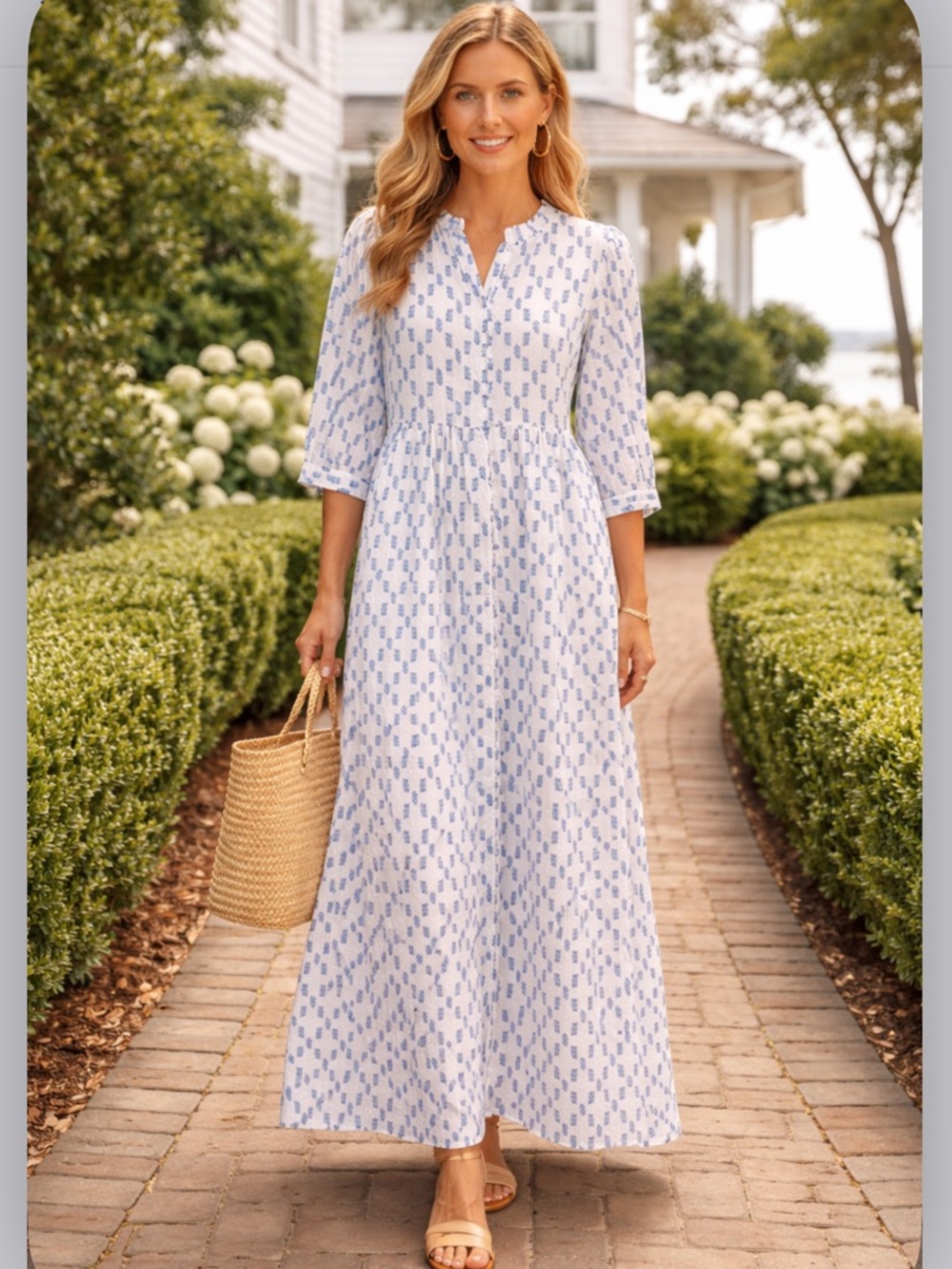 Women’s Light Blue & White Printed Maxi Dress